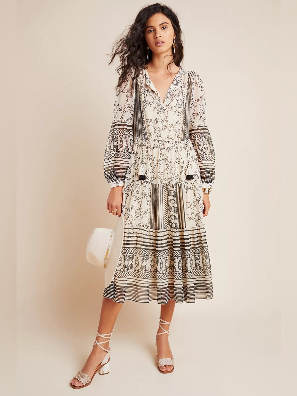 NWT Anthropologie Large Boho Tassle Ivory Midi Dress Black Floral Stripe Print